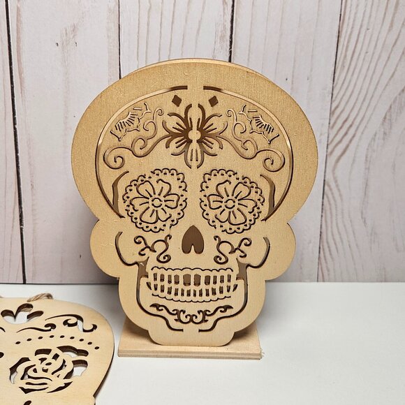 Light up wood Skull, Paper Mache skull and 3 hanging wooden Sugar Skulls DIY - Picture 3 of 6